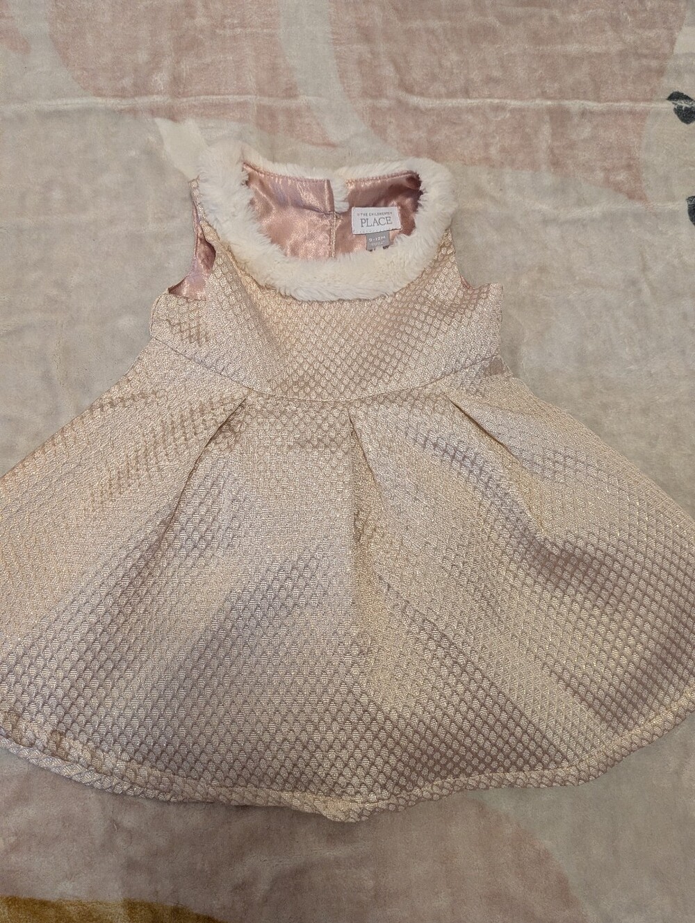 NWOT - The Children's Place Pale Pink Textured Holiday Dress with Faux Fur Trim